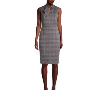 Calvin Klein Houndstooth Tie-Neck Sheath Dress - Navy Blue & Gold - Size 4 - NWT